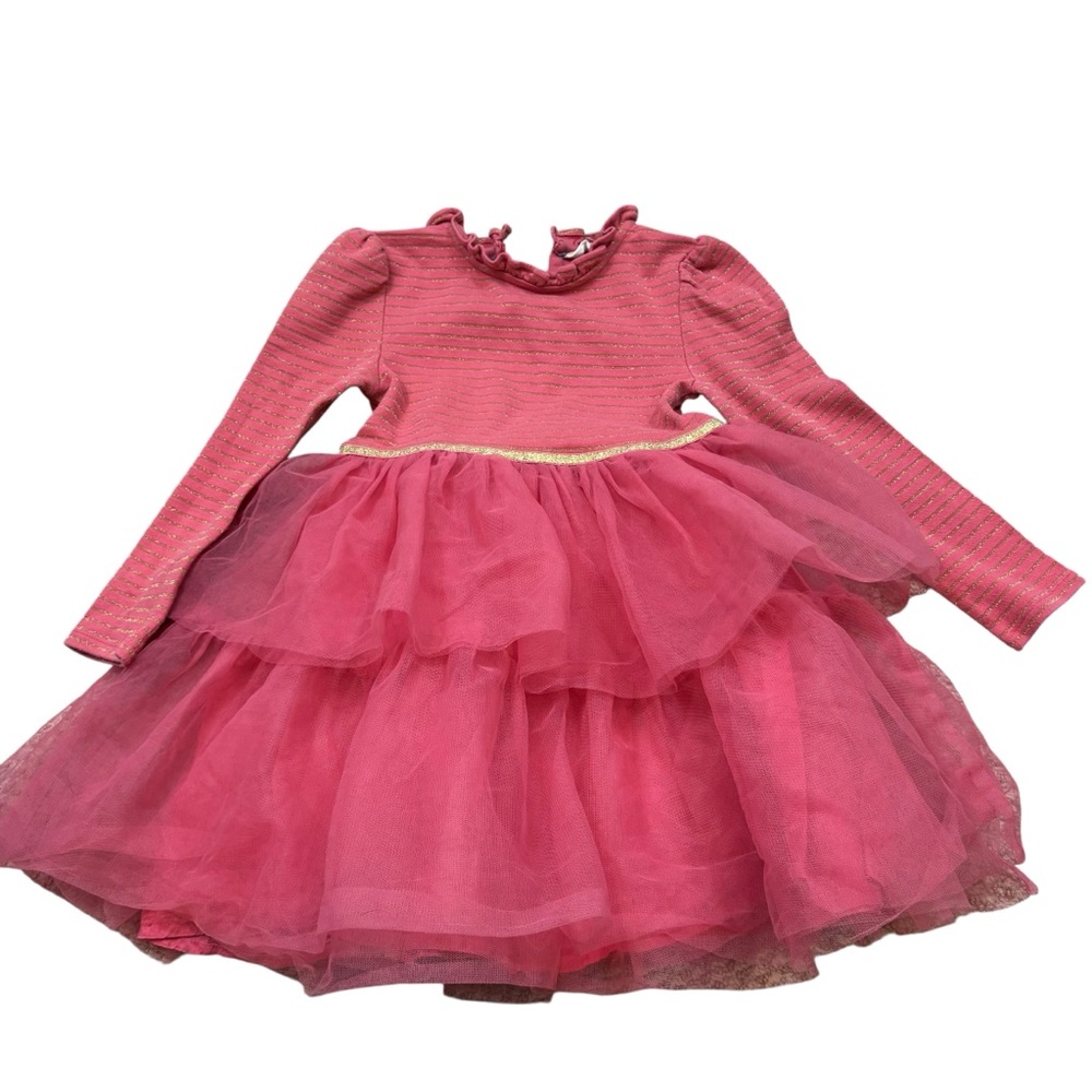 Girls Mini Biden Tulle Skirted Long Sleeve‎ Dress Pink and Gold Size 7-8 Yrs